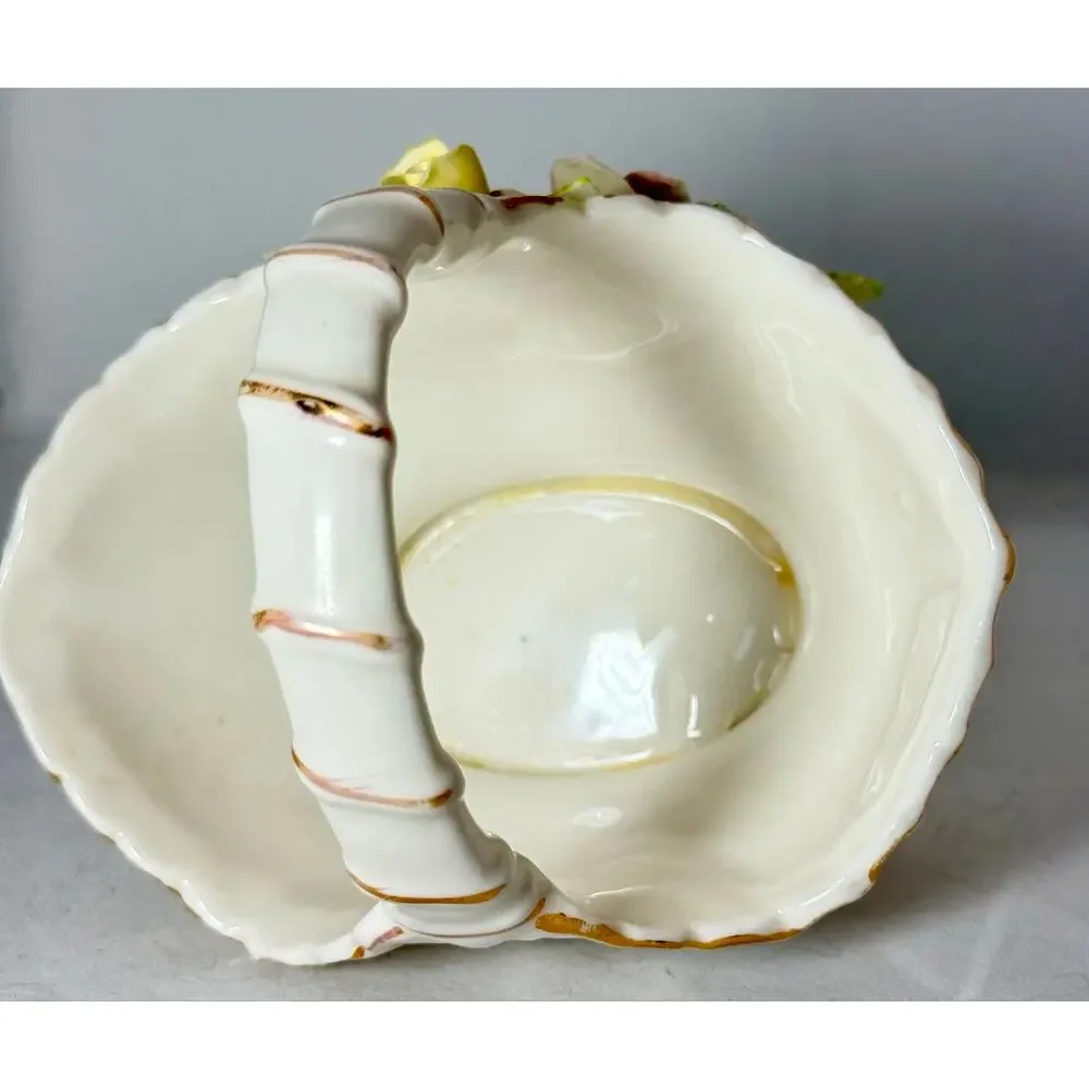 Vintage ARDCO Taiwan Porcelain Flower Basket Applied Roses Gold Trim 5 Inch
